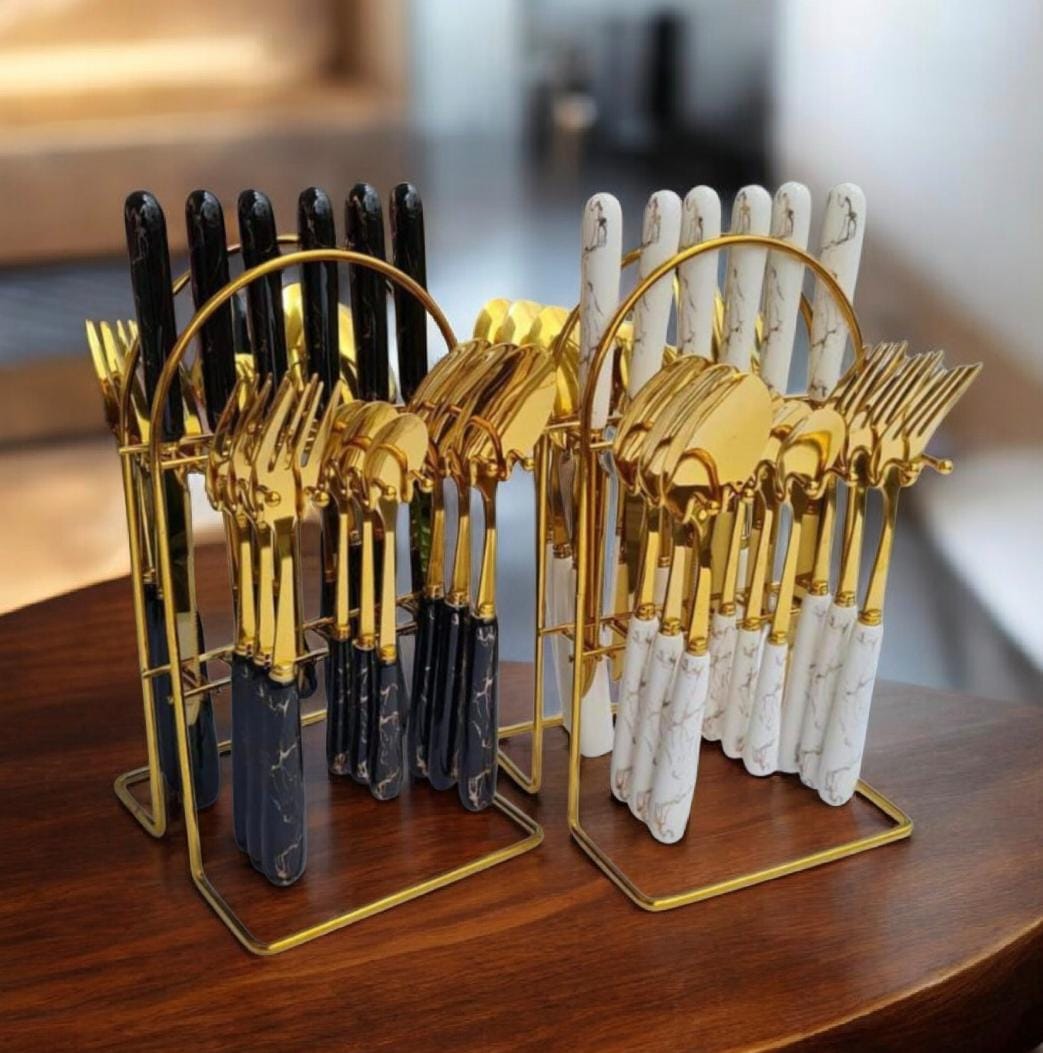 24pcs Black/White Marble Cutlery Set